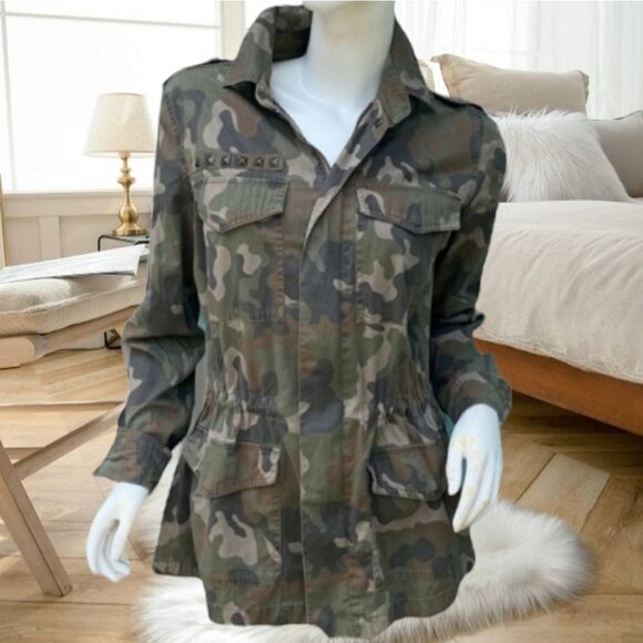 MILITARY UTILITY ARMY CAMO CINCHED DRAWSTRING WAIST STUDDED SMALL JACKET COAT - Picture 2 of 10